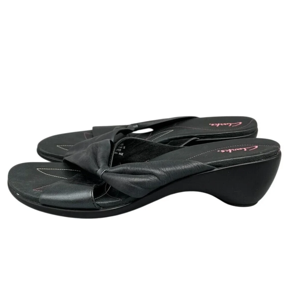 Clarks Leather Twist Knot Slide Wedge Sandals Black Comfort‎ Shoes 9M Womens